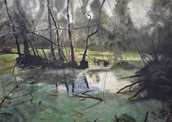 Painting titled "Swamp Near the Point" by Brett Buckley, Original Art, Acrylic Mounted on Wood Panel