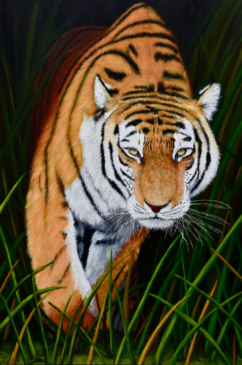 「Tiger in the Grass」というタイトルの絵画 Brian Sloanによって, オリジナルのアートワーク, アクリル