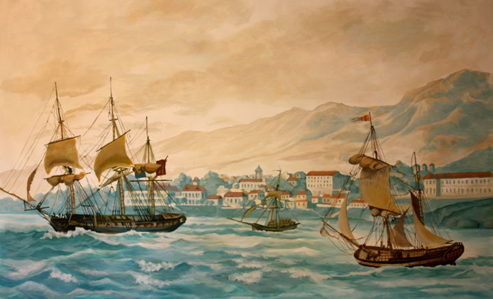 Malerei mit dem Titel "vue-rade-de-saint-d…" von Les Décors Des Mers Du Sud, Original-Kunstwerk