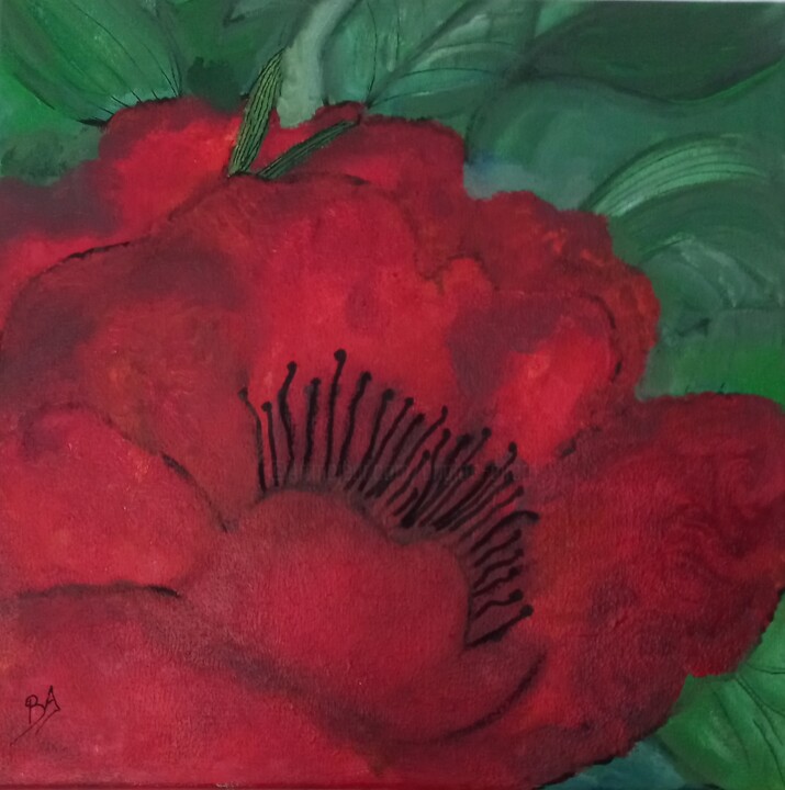 Painting titled "FLEUR COQUELICOT 1" by Brigi'Art, Original Artwork, Acrylic Mounted on Wood Stretcher frame