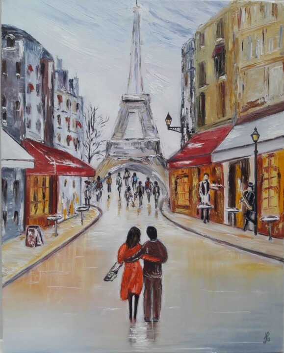 Painting titled "Les amoureux à Pari…" by Brigitte Andre, Original Artwork, Oil Mounted on Wood Stretcher frame