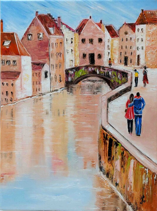 Painting titled "Bruges" by Brigitte Andre, Original Artwork, Oil Mounted on Wood Stretcher frame