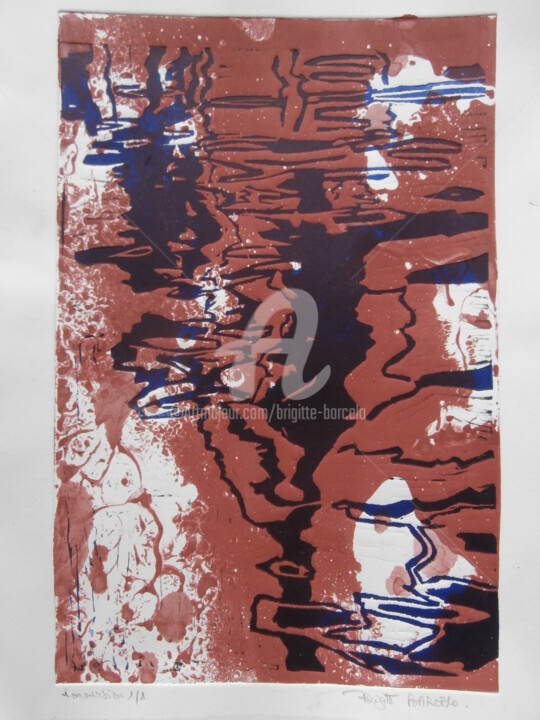 Printmaking titled "Reflets 4" by Brigitte Barcelo, Original Artwork, Monotype Mounted on Cardboard