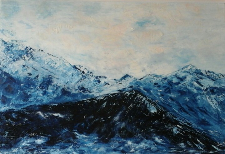 Painting titled "Montagnes bleues" by Brigitte Botsen (Britt), Original Artwork, Oil Mounted on Wood Stretcher frame
