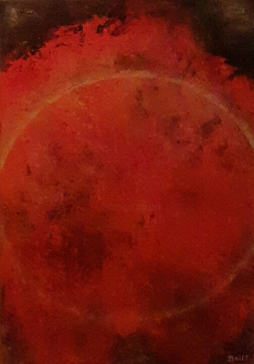 Painting titled "Eruption solaire" by Brigitte Botsen (Britt), Original Artwork, Oil Mounted on Wood Stretcher frame