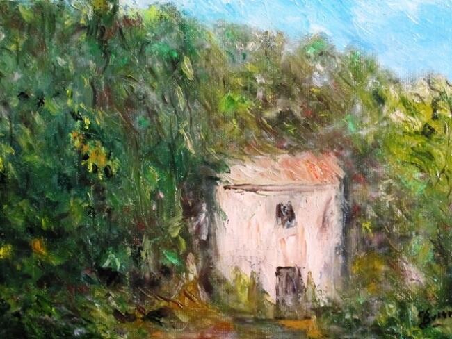 Painting titled "La maison abandonnée" by Brigitte Botsen (Britt), Original Artwork, Oil Mounted on Wood Stretcher frame