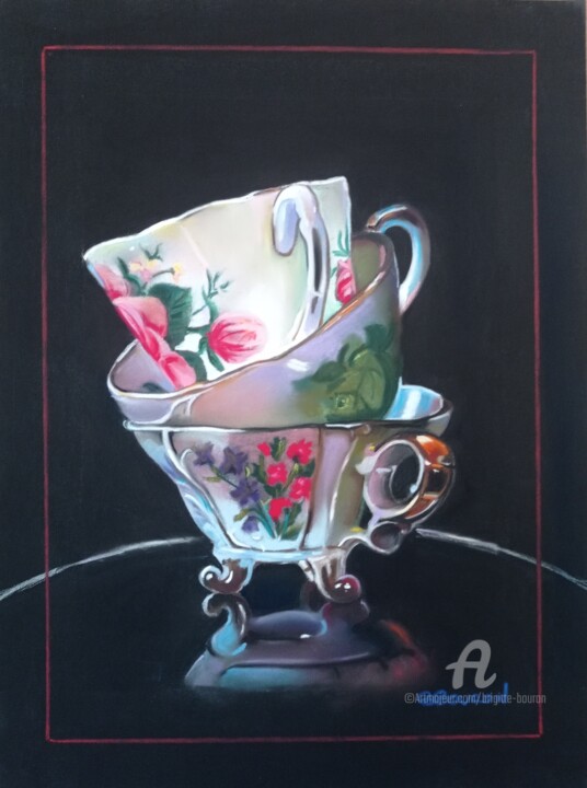 Картина под названием "Les tasses" - Brigitte Bouron, Подлинное произведение искусства, Пастель Установлен на Деревянная рам…