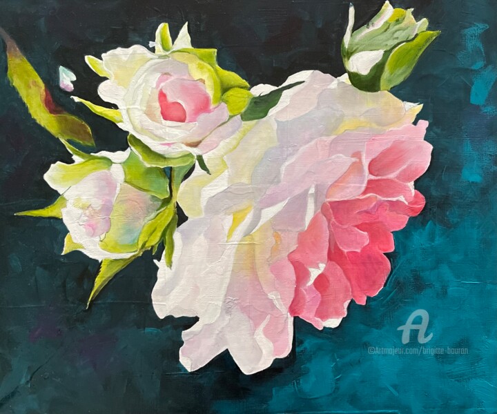 Painting titled "Roses" by Brigitte Bouron, Original Artwork, Oil