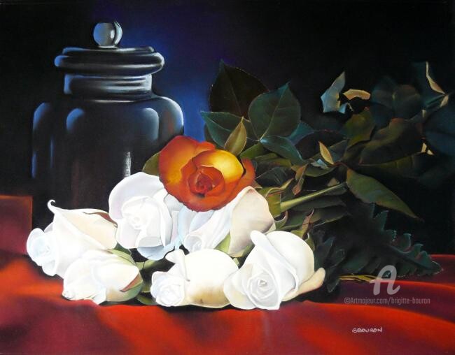 Painting titled "ROSES BLANCHES" by Brigitte Bouron, Original Artwork, Oil