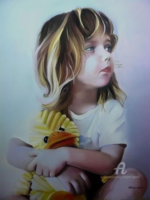 Pintura intitulada "Le canard de Fannie" por Brigitte Bouron, Obras de arte originais, Óleo