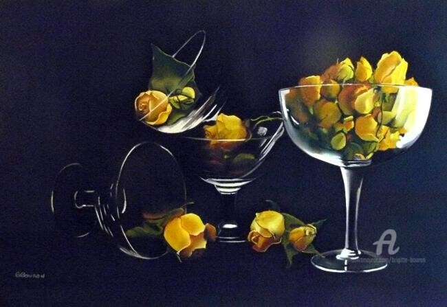 Painting titled "Roses jaunes en ver…" by Brigitte Bouron, Original Artwork, Oil