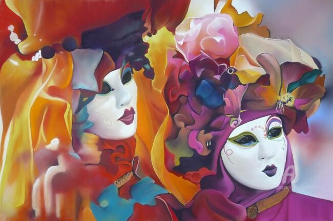 Painting titled "Carnaval" by Brigitte Bouron, Original Artwork, Oil