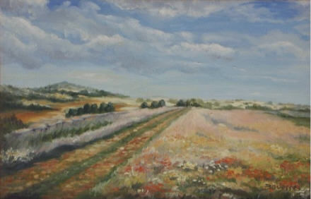 Pittura intitolato "le larzac au printe…" da Brigitte Bouysse, Opera d'arte originale, Olio