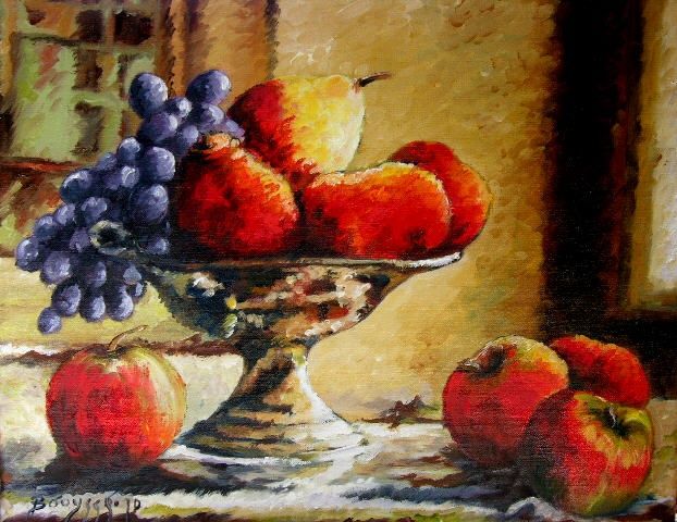 Painting titled "pommes et poires" by Brigitte Bouysse, Original Artwork, Oil