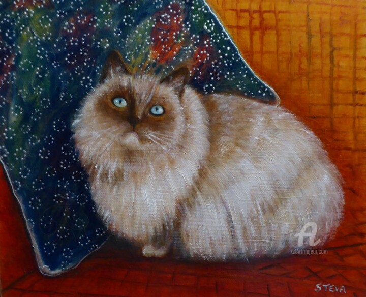 Painting titled "Le chat au coussin" by Brigitte Conan (Steva), Original Artwork, Oil Mounted on Wood Stretcher frame