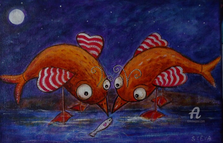Peinture intitulée "La pêche des poisso…" par Brigitte Conan (Steva), Œuvre d'art originale, Acrylique Monté sur Châssis en…