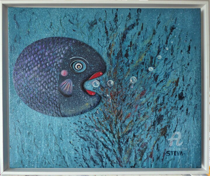 Painting titled "Poisson-palette" by Brigitte Conan (Steva), Original Artwork, Acrylic Mounted on Wood Stretcher frame