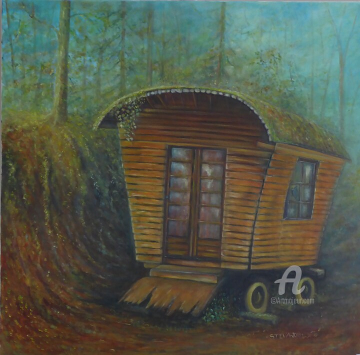 Painting titled "La roulotte abandon…" by Brigitte Conan (Steva), Original Artwork, Oil