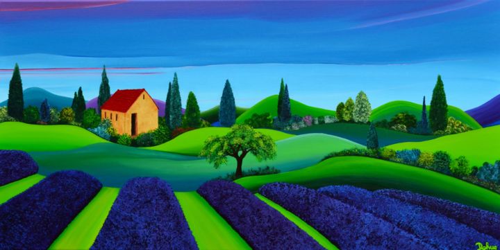 Peinture intitulée "Lavender landscape…" par Dehue, Œuvre d'art originale, Acrylique