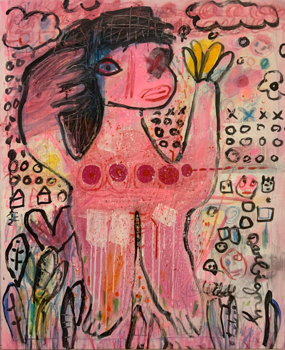 Peinture intitulée "Mademoiselle rose -2" par Brigitte Derbigny, Œuvre d'art originale, Acrylique Monté sur Châssis en bois