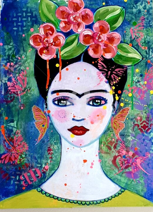 Картина под названием "Viva Frida 1" - Brigitte Dravet, Подлинное произведение искусства, Акрил Установлен на Деревянная рам…