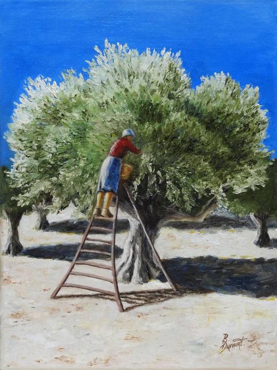 Malerei mit dem Titel "La cueilleuse" von Brigitte Dumont, Original-Kunstwerk, Öl