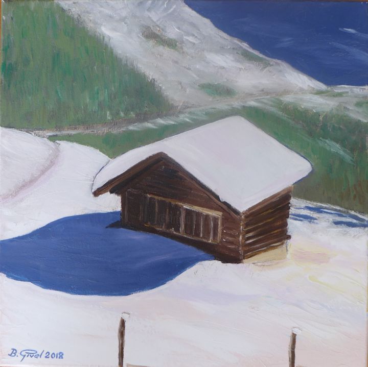 Peinture intitulée "Chalet d'alpage" par Brigitte Givel, Œuvre d'art originale, Huile