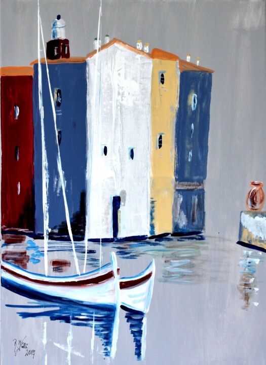 Malerei mit dem Titel "harbour of St.Tropez" von Brigitte Kölli, Original-Kunstwerk, Acryl