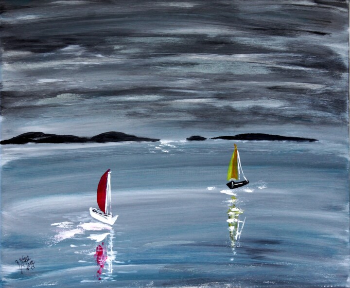 Malerei mit dem Titel "Segelschiffe am Abe…" von Brigitte Kölli, Original-Kunstwerk, Acryl