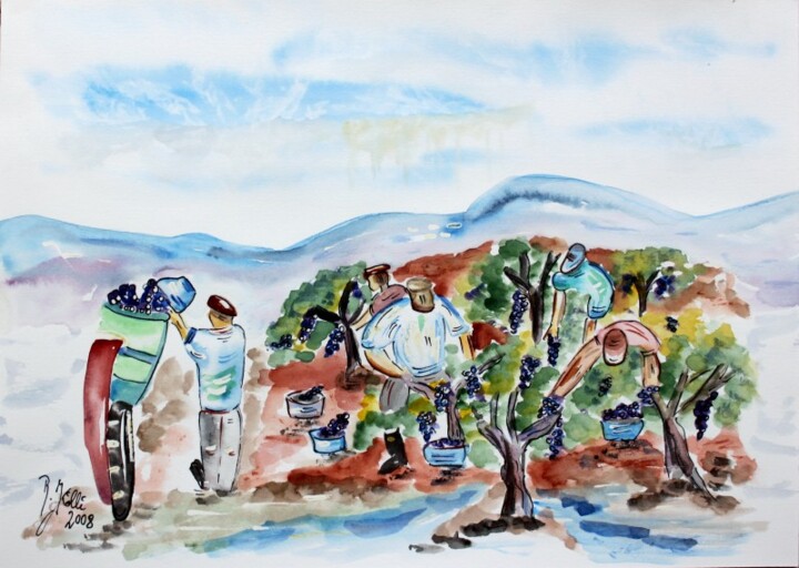 Painting titled "Weinlese" by Brigitte Kölli, Original Artwork, Watercolor