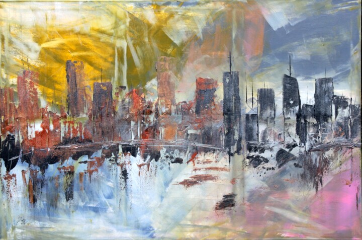 Malerei mit dem Titel "Industrie Skyline" von Brigitte Kölli, Original-Kunstwerk, Acryl