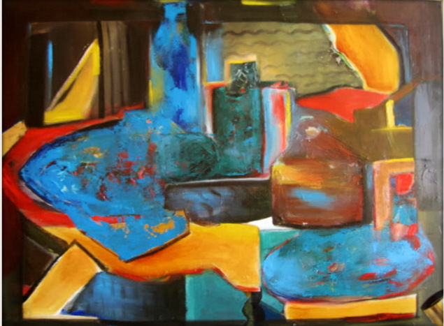 Painting titled "NATURE MORTE en BLEU" by Brigitte Krief, Original Artwork, Oil