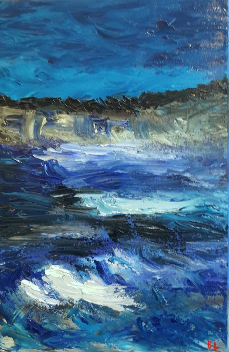 Painting titled "Mer" by Brigitte Lecluse, Original Artwork, Oil