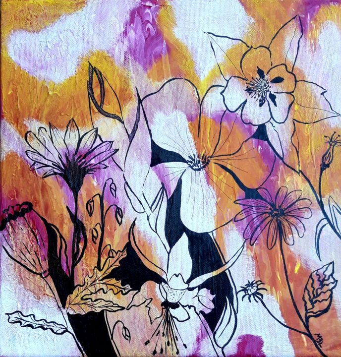 Malarstwo zatytułowany „Flowers2” autorstwa Brigitte Mathé (MBL), Oryginalna praca, Akryl Zamontowany na Drewniana rama noszy