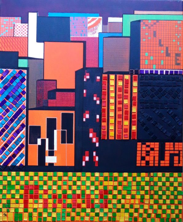 Painting titled "Pixels Town" by Brigitte Mathé (MBL), Original Artwork, Acrylic Mounted on Wood Stretcher frame