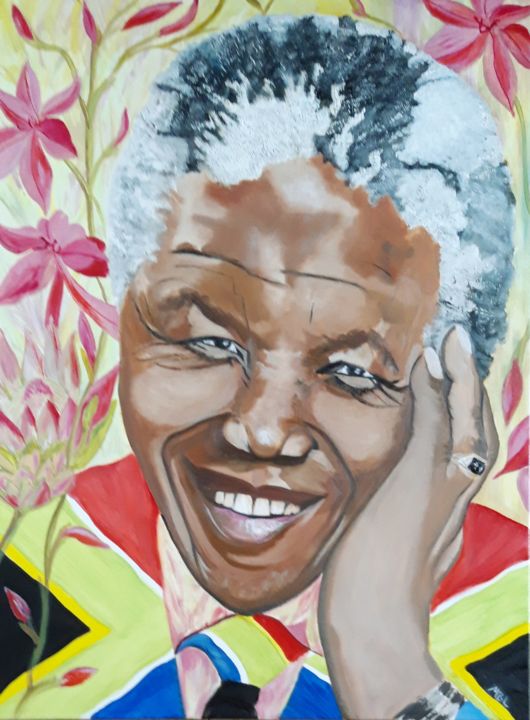 Painting titled "Madiba (G.Mandela)" by Brigitte Mathé (MBL), Original Artwork, Oil Mounted on Wood Stretcher frame