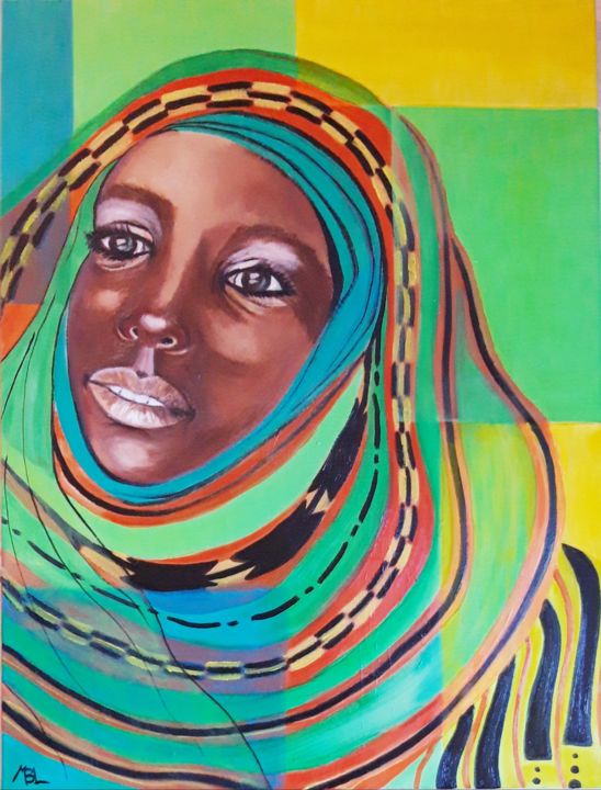 Peinture intitulée "Femme au foulard ve…" par Brigitte Mathé (MBL), Œuvre d'art originale, Huile
