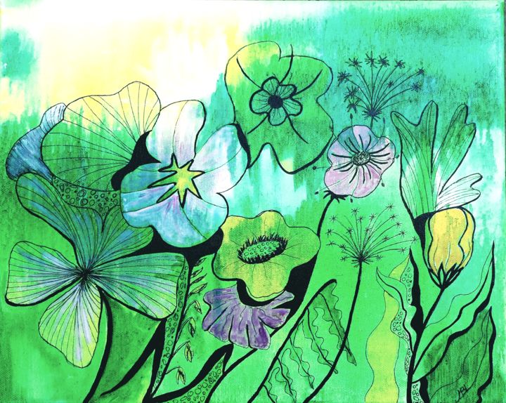 Peinture intitulée "Flowers 3" par Brigitte Mathé (MBL), Œuvre d'art originale, Encre Monté sur Châssis en bois
