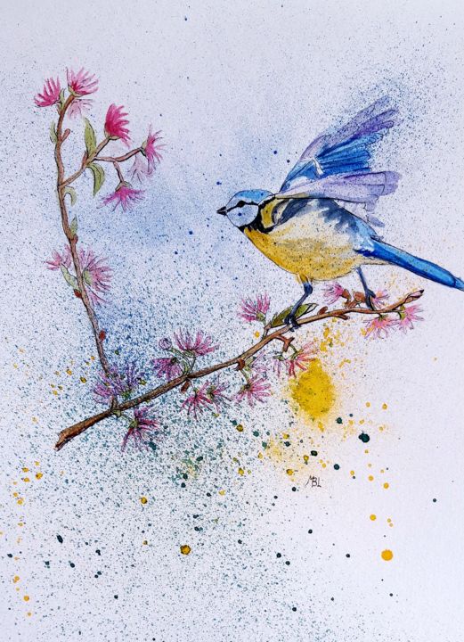 Dessin intitulée "La mésange à tête b…" par Brigitte Mathé (MBL), Œuvre d'art originale, Aquarelle