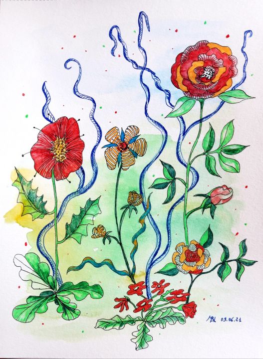 Dessin intitulée "C'est le printemps 9" par Brigitte Mathé (MBL), Œuvre d'art originale, Encre