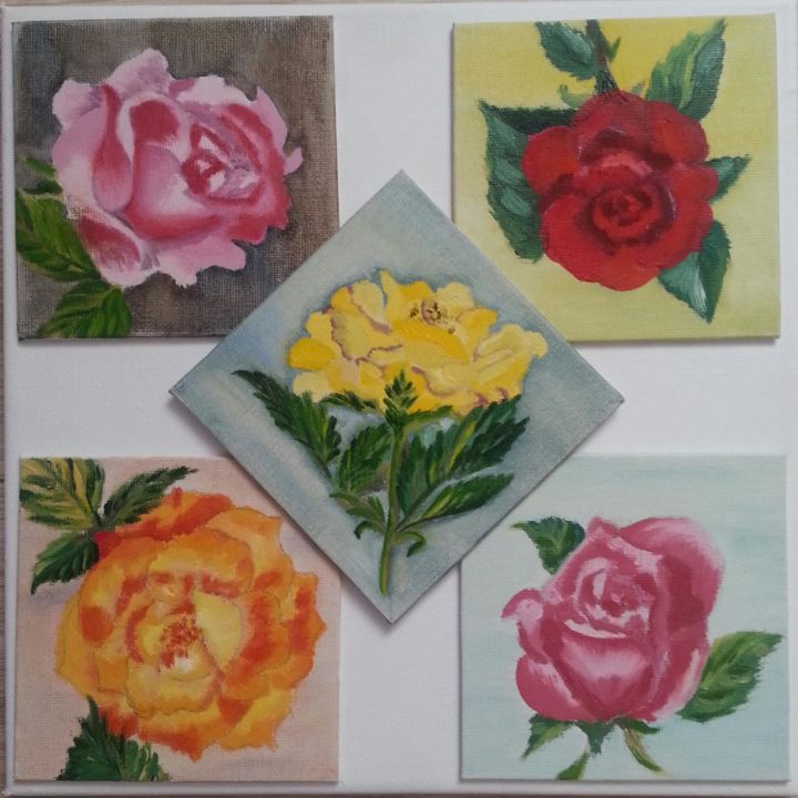 Peinture intitulée "cinq roses" par Brigitte Mathé (MBL), Œuvre d'art originale, Huile