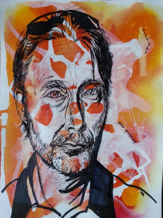 Dessin intitulée "Mads Nikkelsen  "Ha…" par Brigitte Mathé (MBL), Œuvre d'art originale, Encre