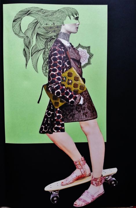 Collagen mit dem Titel "Rolling Woman" von Brigitte Mathé (MBL), Original-Kunstwerk
