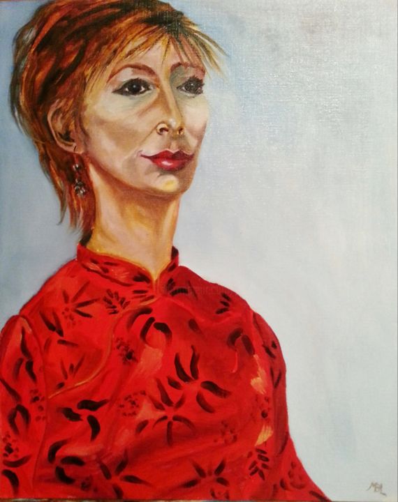 Painting titled "Céline en robe chin…" by Brigitte Mathé (MBL), Original Artwork, Oil