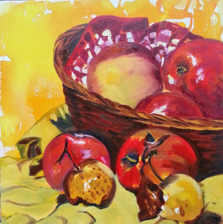 Malerei mit dem Titel "Le panier de pommes…" von Brigitte Mathé (MBL), Original-Kunstwerk, Öl Auf Keilrahmen aus Holz montie…