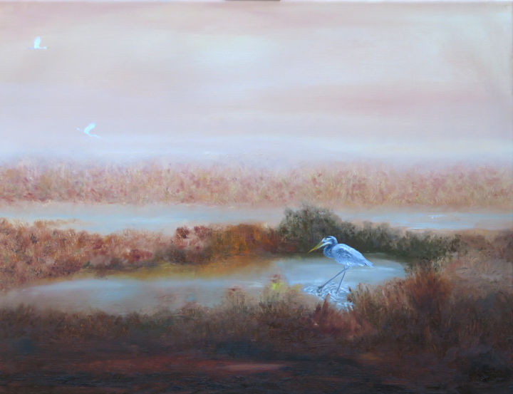 Peinture intitulée "Aube au marais.jpg" par Brigitte Menon, Œuvre d'art originale, Huile