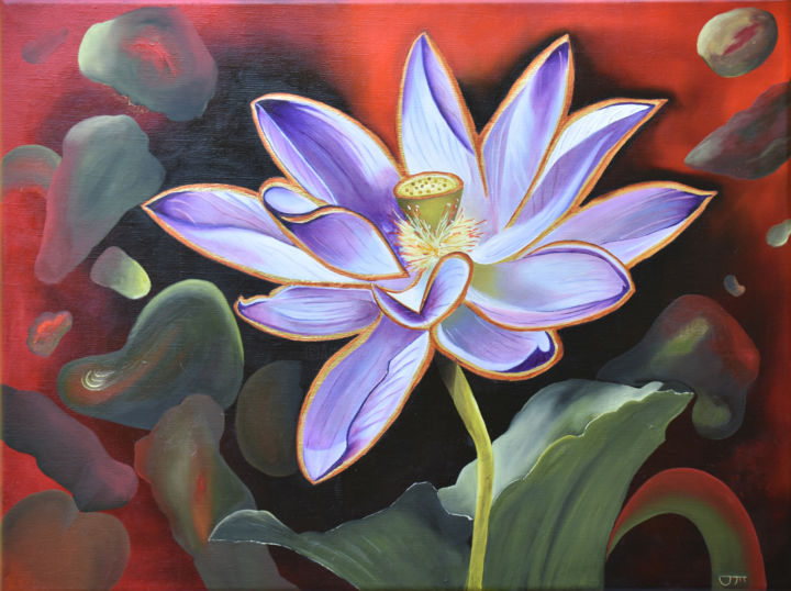 Painting titled "Flower Pow'wow-Lotus" by Brigitte Menon, Original Artwork, Oil