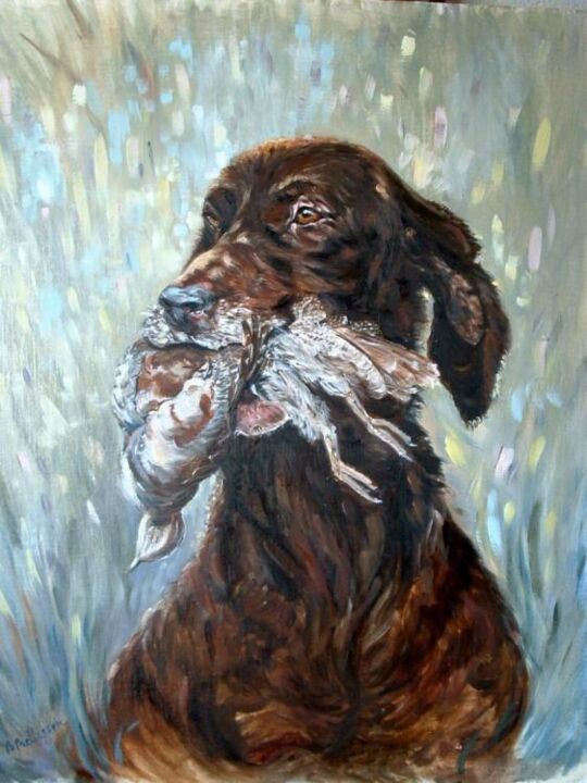 Peinture intitulée "chien et becasse" par Brigitte Nellissen (Ster), Œuvre d'art originale, Huile