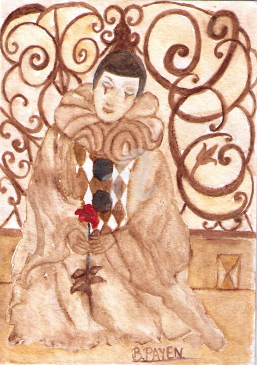 Painting titled "Pierrot à la rose" by Brigitte Payen (B.PAYEN), Original Artwork