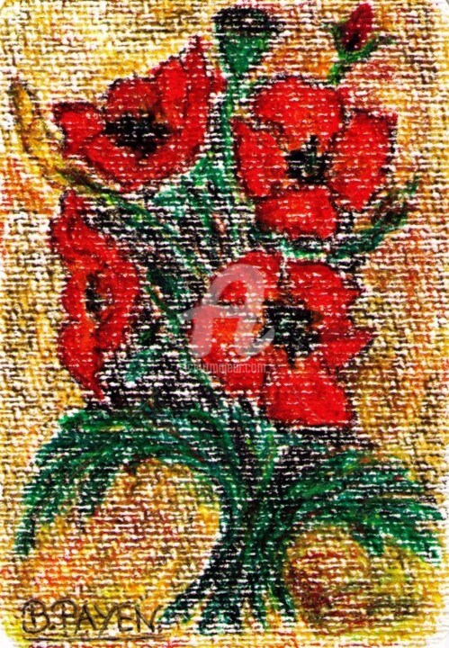 Dibujo titulada "COQUELICOTS A LA CI…" por Brigitte Payen (B.PAYEN), Obra de arte original, Cera